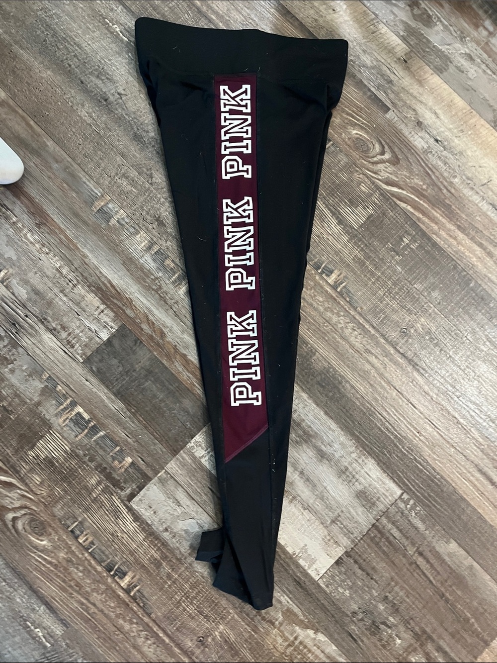 PINK Victoria's Secret Black Leggings with Burgundy Logo Stripe